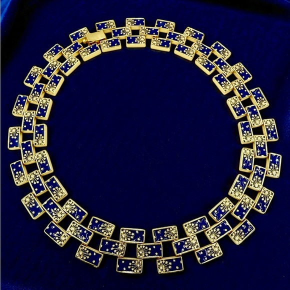 Rare Lulu Frost Signed Blue Enamel Gold Statement Necklace 17” Excellent Cond. - Picture 10 of 17